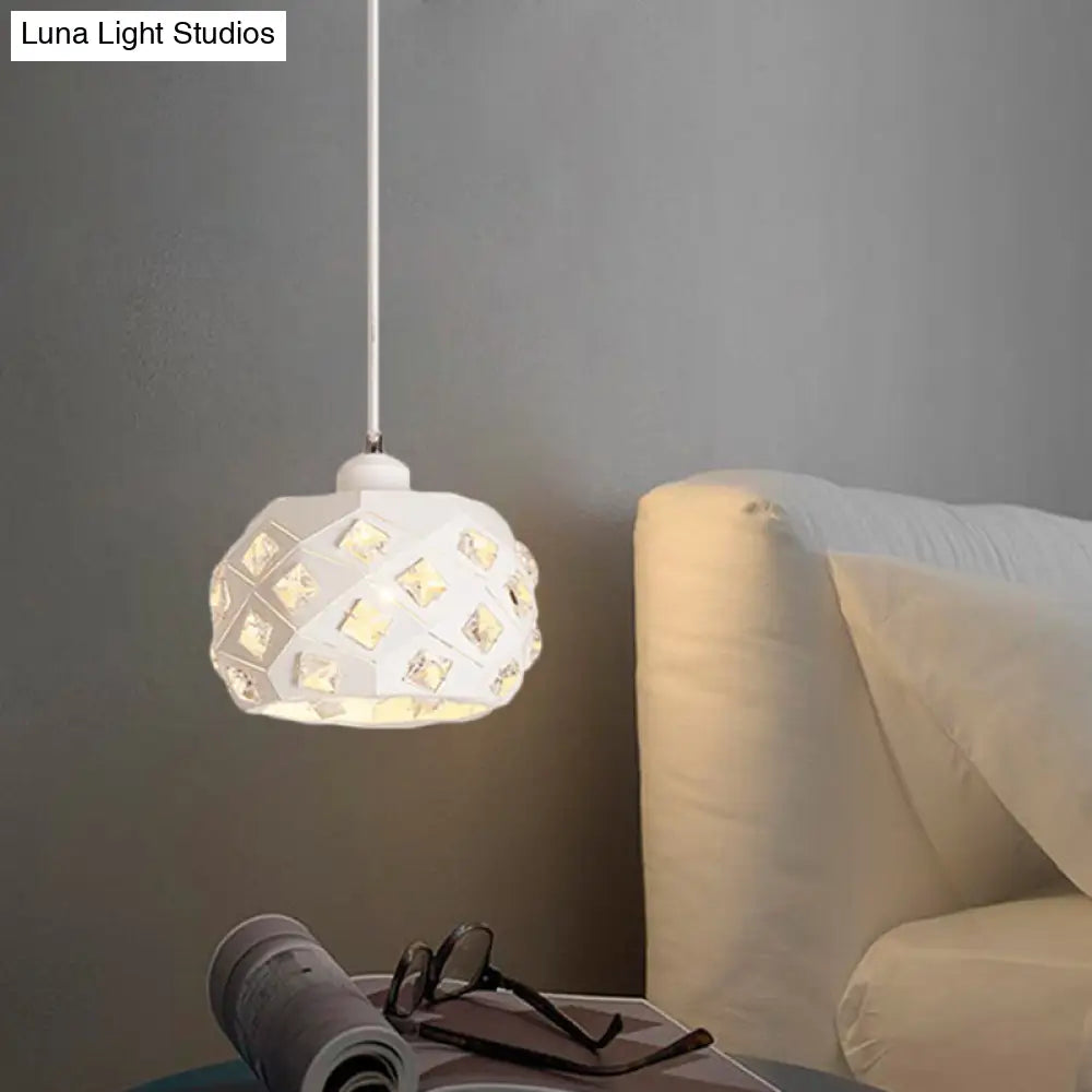 Minimal White Crystal Pendulum Hanging Lamp: Single Dining Room Light With Drum Iron Shade