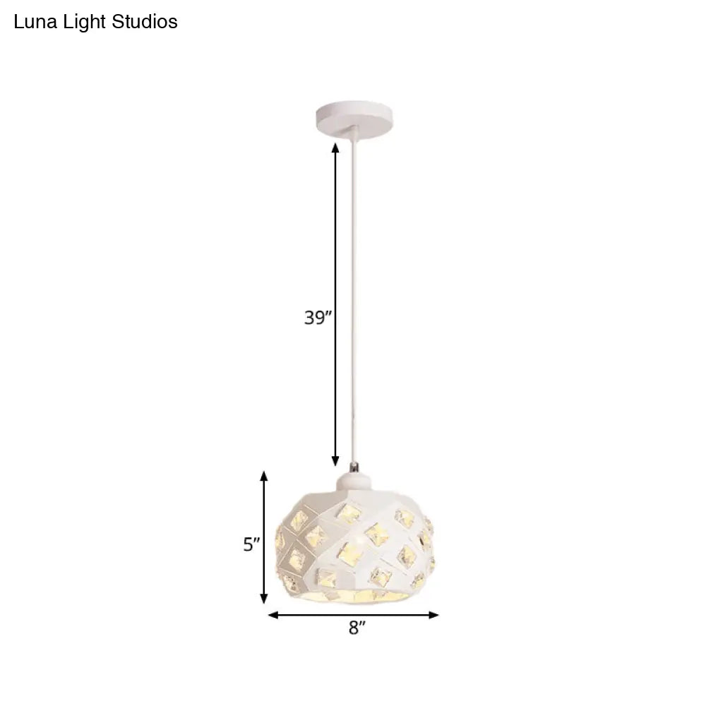 Minimal White Crystal Pendulum Hanging Lamp: Single Dining Room Light With Drum Iron Shade