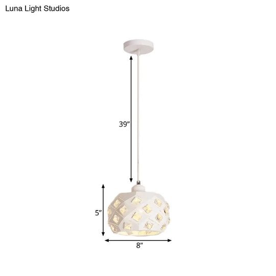 Minimal White Crystal Pendulum Hanging Lamp: Single Dining Room Light With Drum Iron Shade