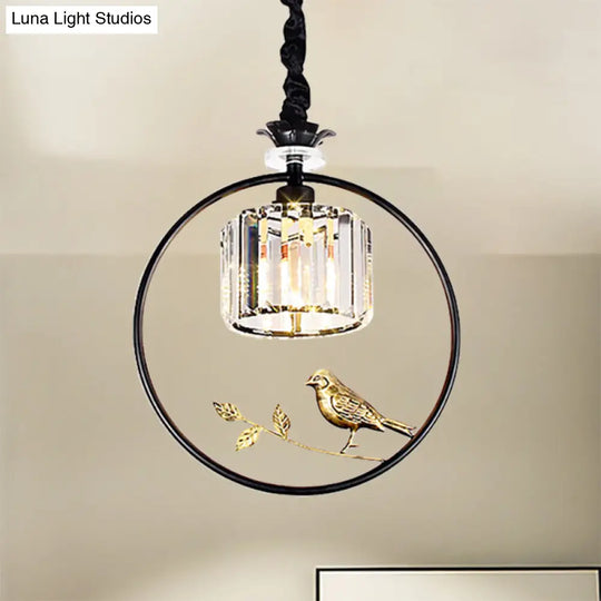 Minimalist Crystal Hanging Pendant Lamp - Cylinder Shape With Gold/Black Ring Ideal For Dining Room