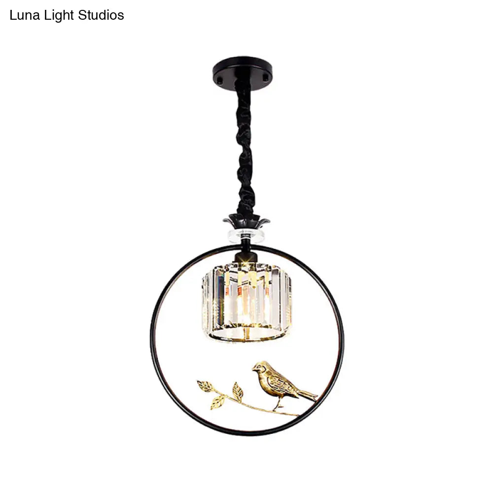 Minimalist Crystal Hanging Pendant Lamp - Cylinder Shape With Gold/Black Ring Ideal For Dining Room