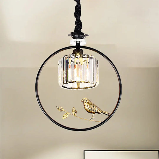 Minimalist Crystal Hanging Pendant Lamp - Cylinder Shape With Gold/Black Ring Ideal For Dining Room