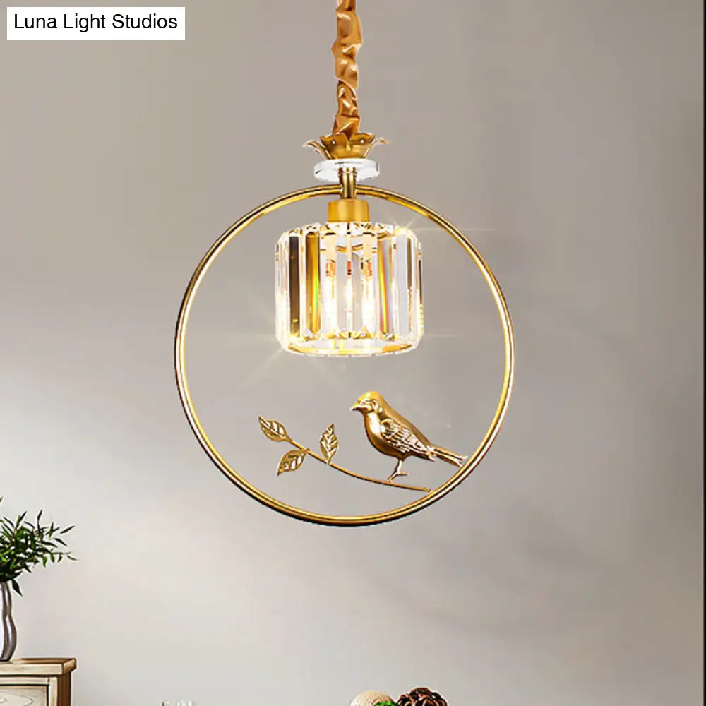 Minimalist Crystal Hanging Pendant Lamp - Cylinder Shape With Gold/Black Ring Ideal For Dining Room