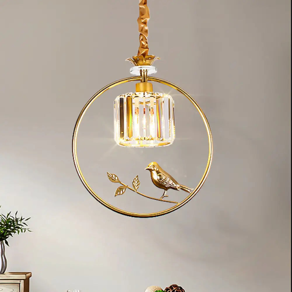 Minimalist Crystal Hanging Pendant Lamp - Cylinder Shape With Gold/Black Ring Ideal For Dining Room