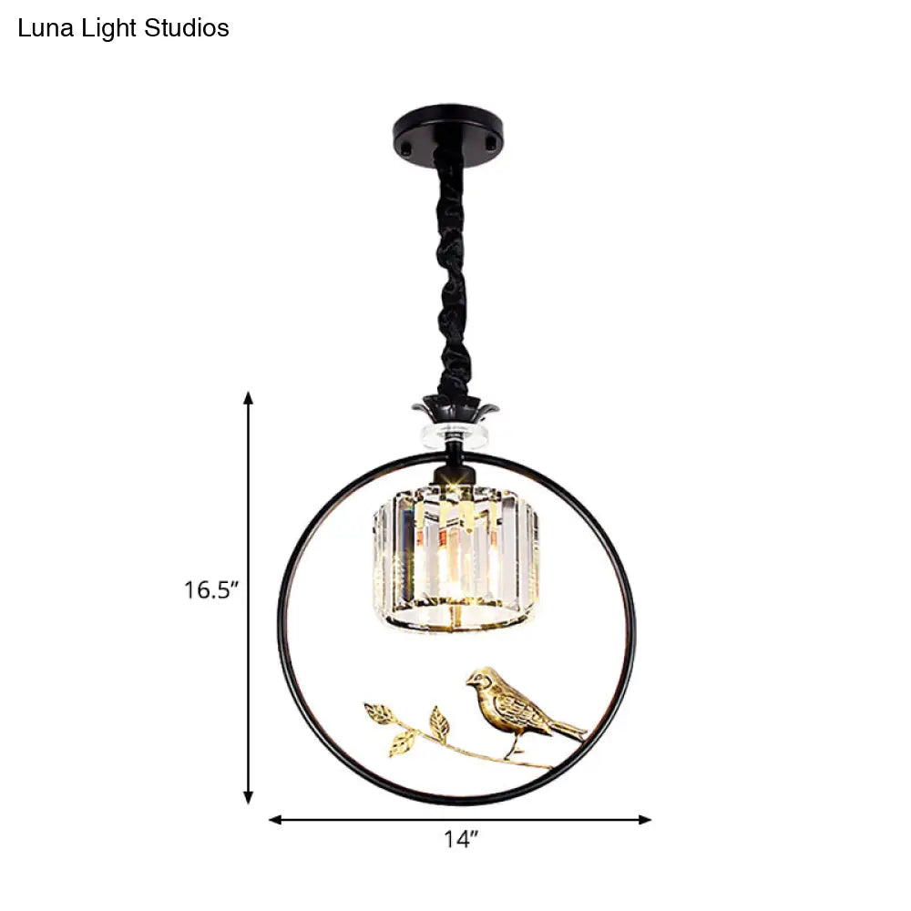 Minimalist Crystal Hanging Pendant Lamp - Cylinder Shape With Gold/Black Ring Ideal For Dining Room