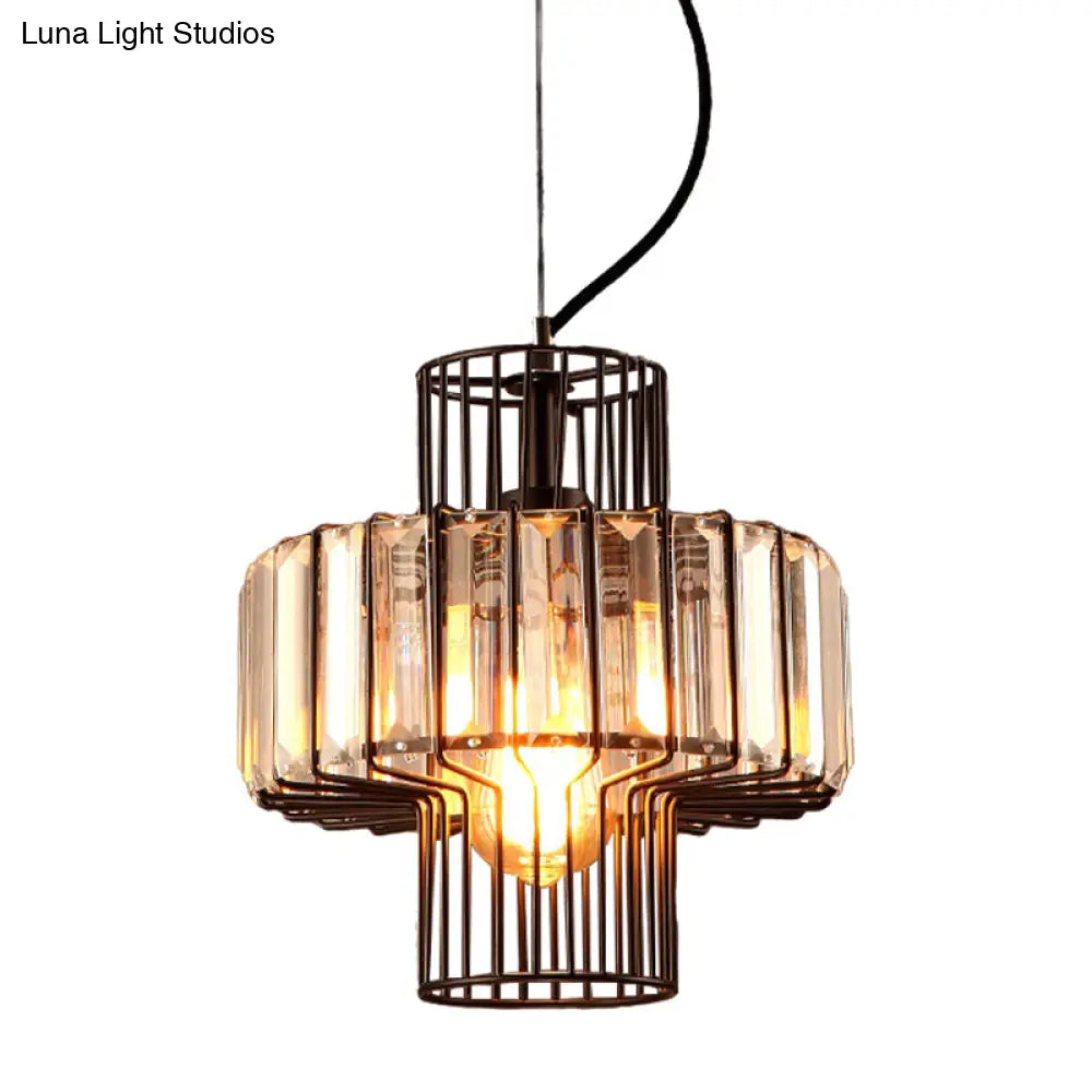 Minimalist Lantern Crystal Block Suspension Lighting - 10/12.5 Wide 1 Head Ceiling Pendant In Black