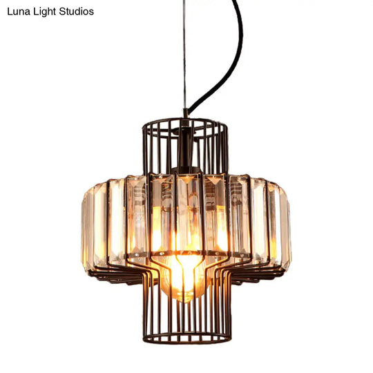 Minimalist Lantern Crystal Block Suspension Lighting - 10/12.5 Wide 1 Head Ceiling Pendant In Black