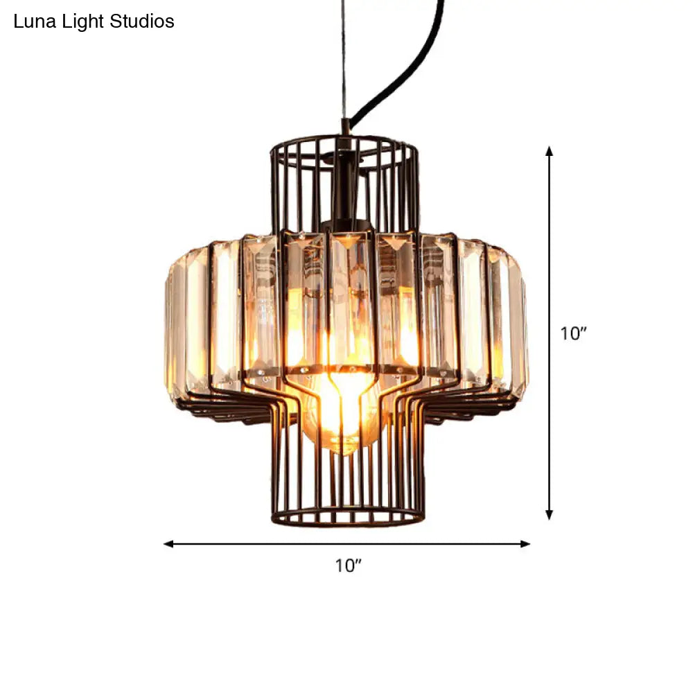 Minimalist Lantern Crystal Block Suspension Lighting - 10/12.5 Wide 1 Head Ceiling Pendant In Black