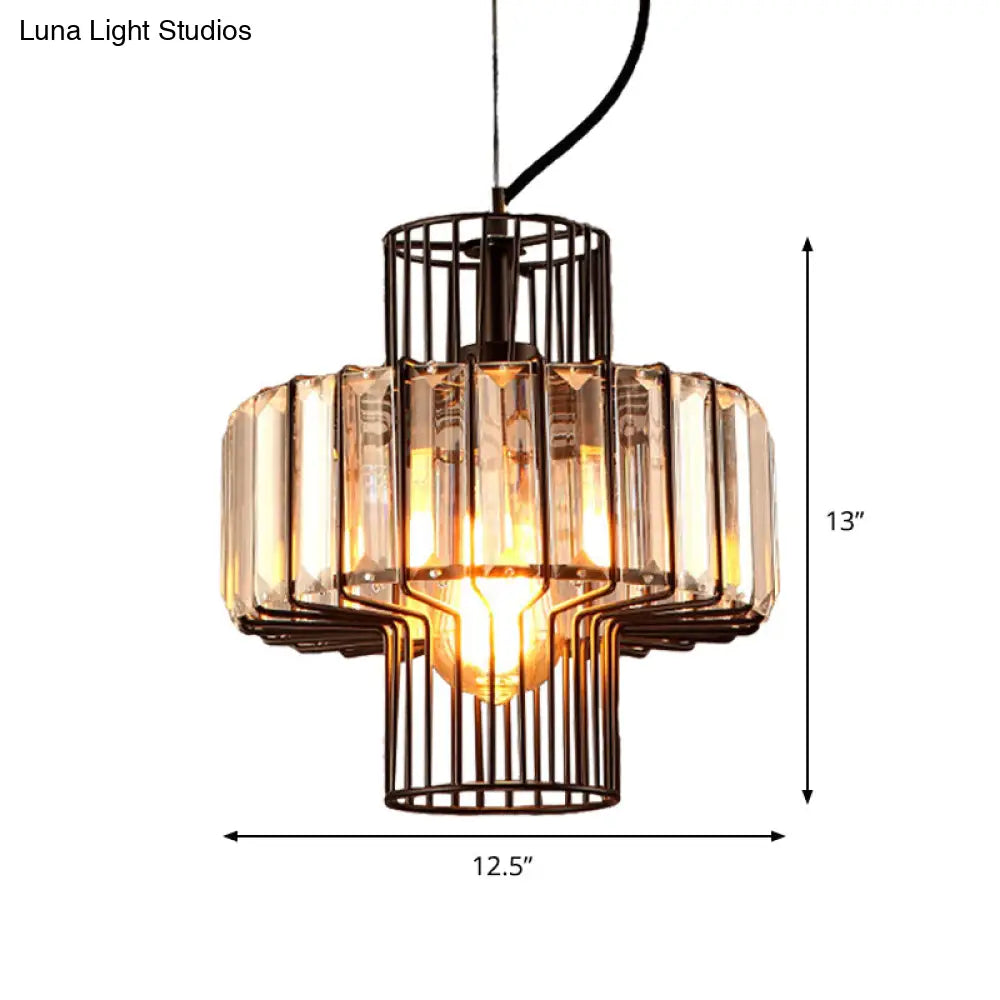 Minimalist Crystal Lantern Pendant With Metal Cage: 1 Head Black 10’/12.5’ Width