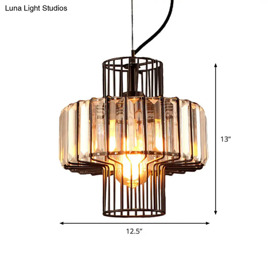 Minimalist Crystal Lantern Pendant With Metal Cage: 1 Head Black 10’/12.5’ Width