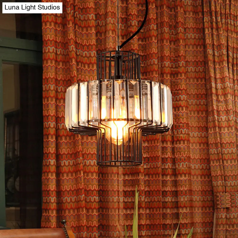 Minimalist Crystal Lantern Pendant With Metal Cage: 1 Head Black 10’/12.5’ Width