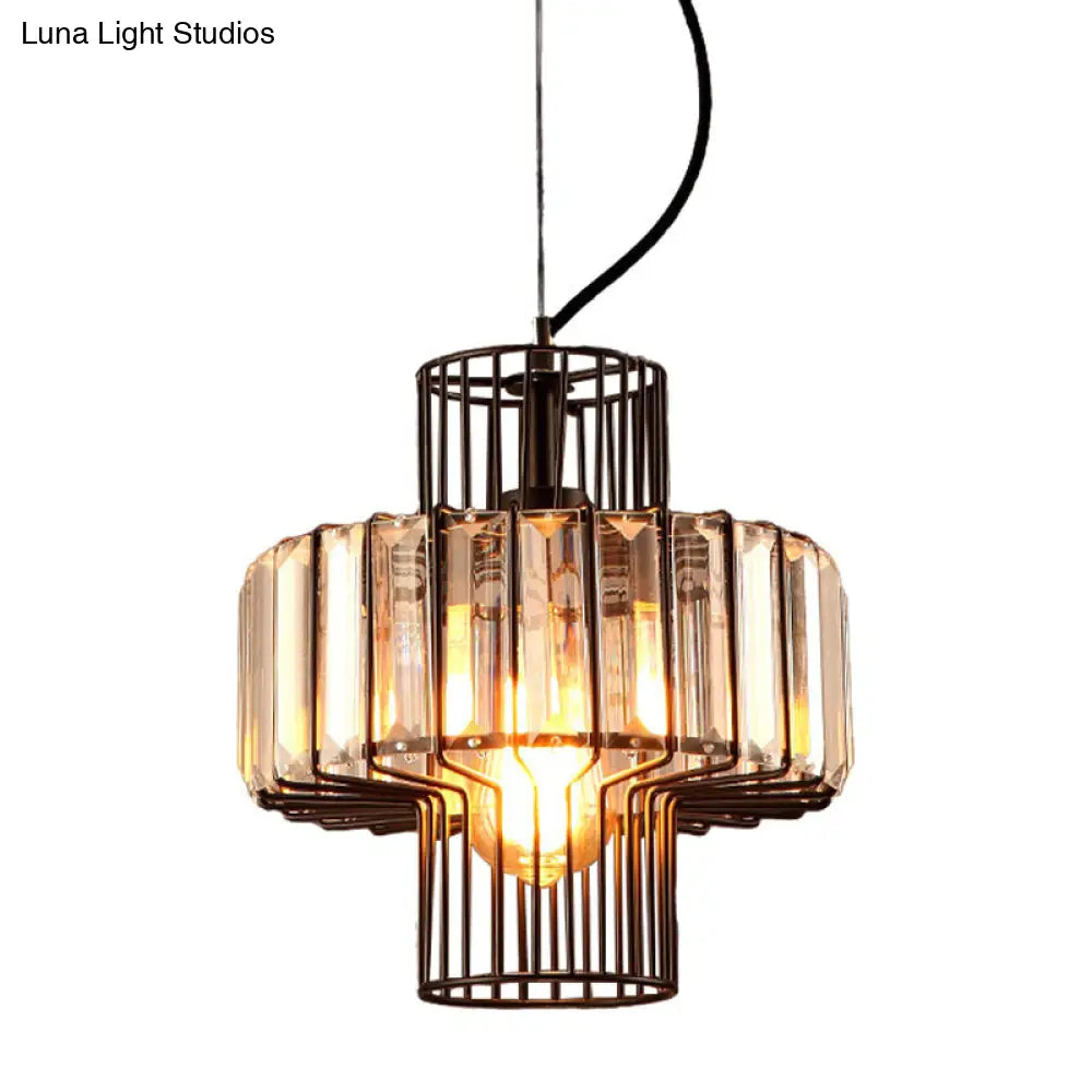 Minimalist Crystal Lantern Pendant With Metal Cage: 1 Head Black 10’/12.5’ Width