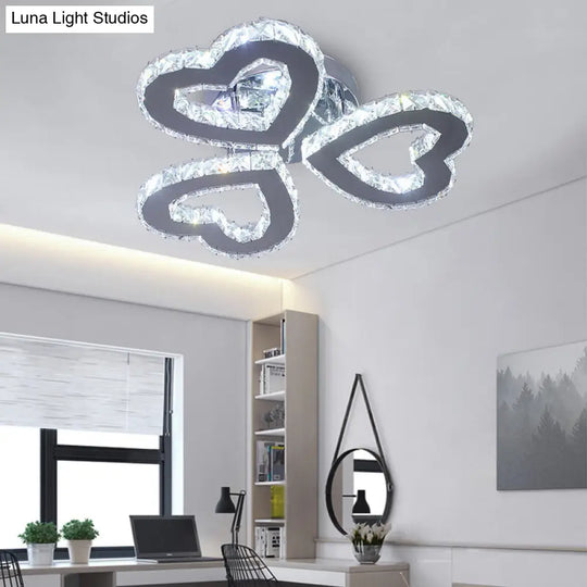 Minimalist Crystal Led Ceiling Light For Bedroom - Heart Shaped Semi Flush Stainless Steel Finish