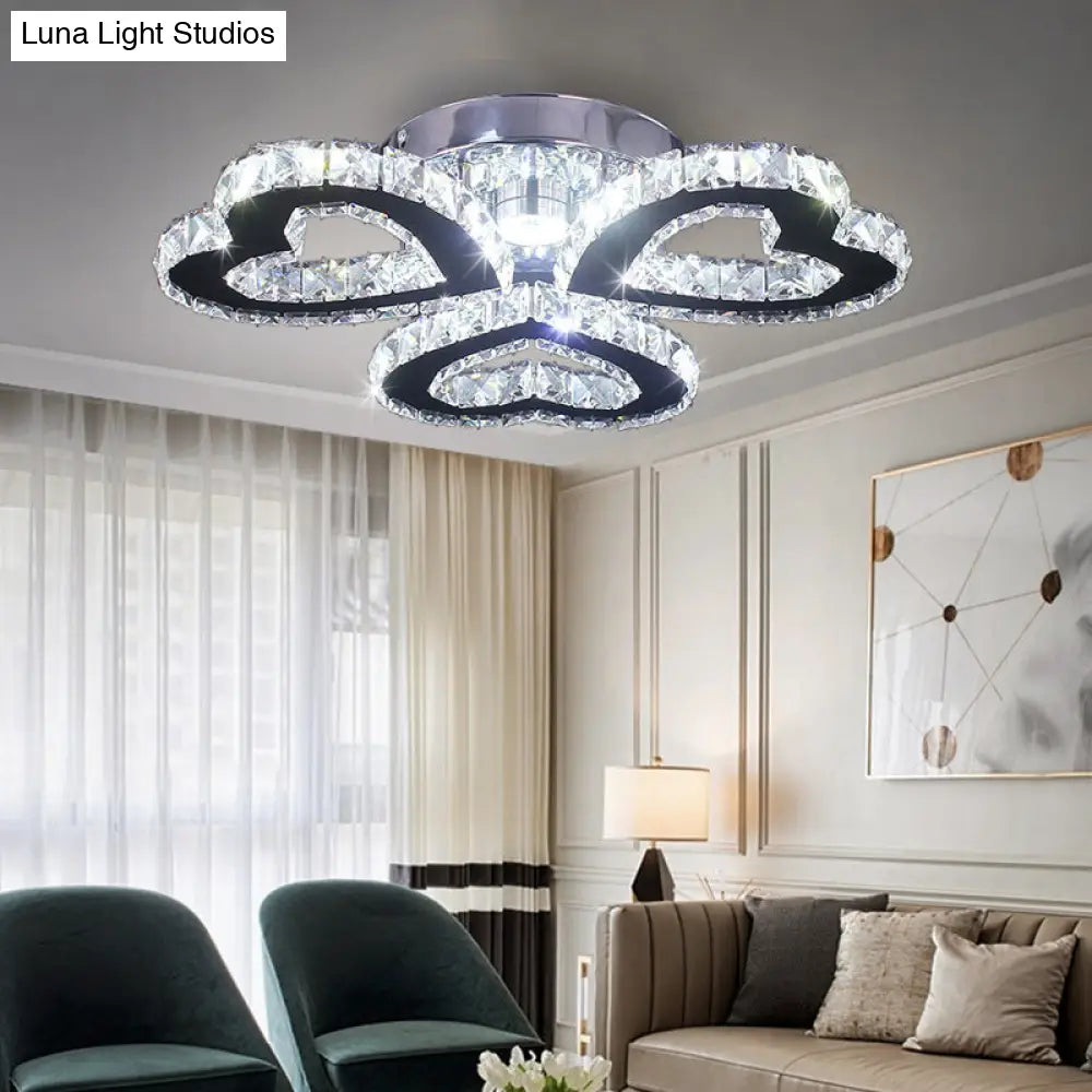Minimalist Crystal Led Ceiling Light For Bedroom - Heart Shaped Semi Flush Stainless Steel Finish