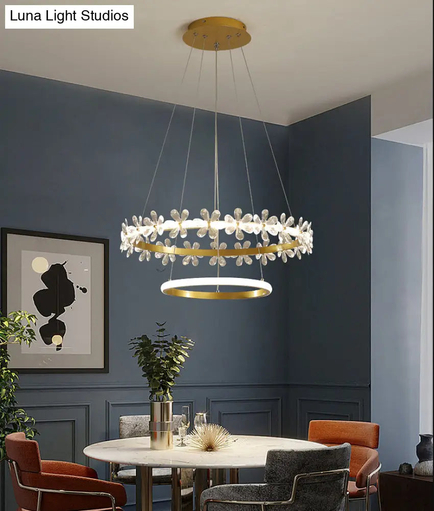 Minimalist Crystal Led Chandelier With Gold Finish & Metal Ring