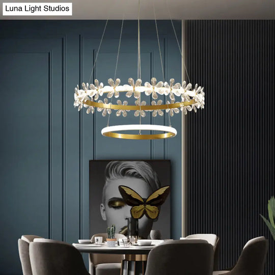 Minimalist Crystal Led Chandelier With Gold Finish & Metal Ring