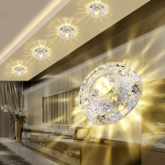 Minimalist Crystal Led Flush Mount Fixture With Clear Floral Shade - Perfect For Foyer Lighting /