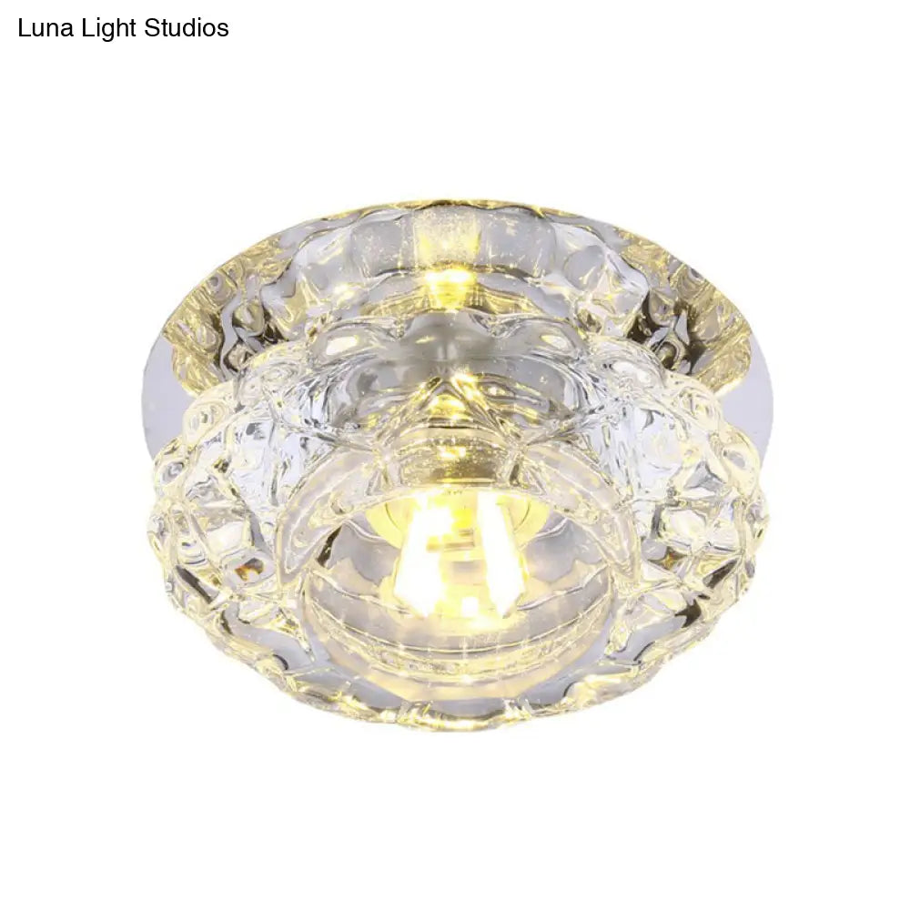 Minimalist Crystal Led Flush Mount Fixture With Clear Floral Shade- Perfect For Foyer Lighting