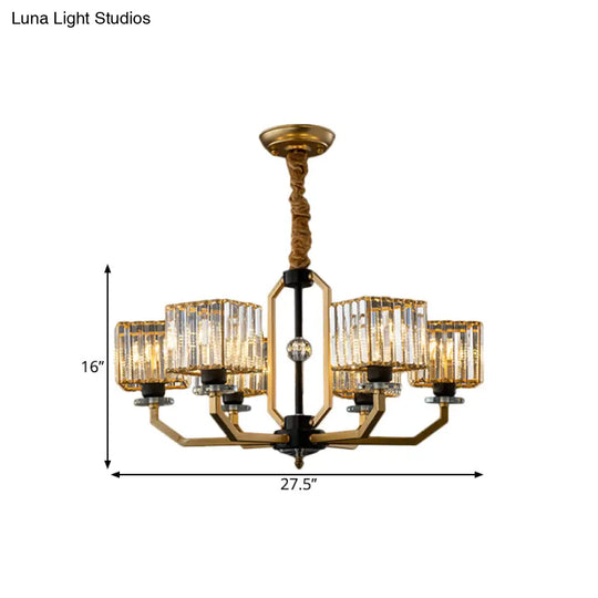 Brass Crystal Prisms Cube Chandelier - Minimalist Ceiling Pendant Light With Curved Arm 3/6/8-Bulb