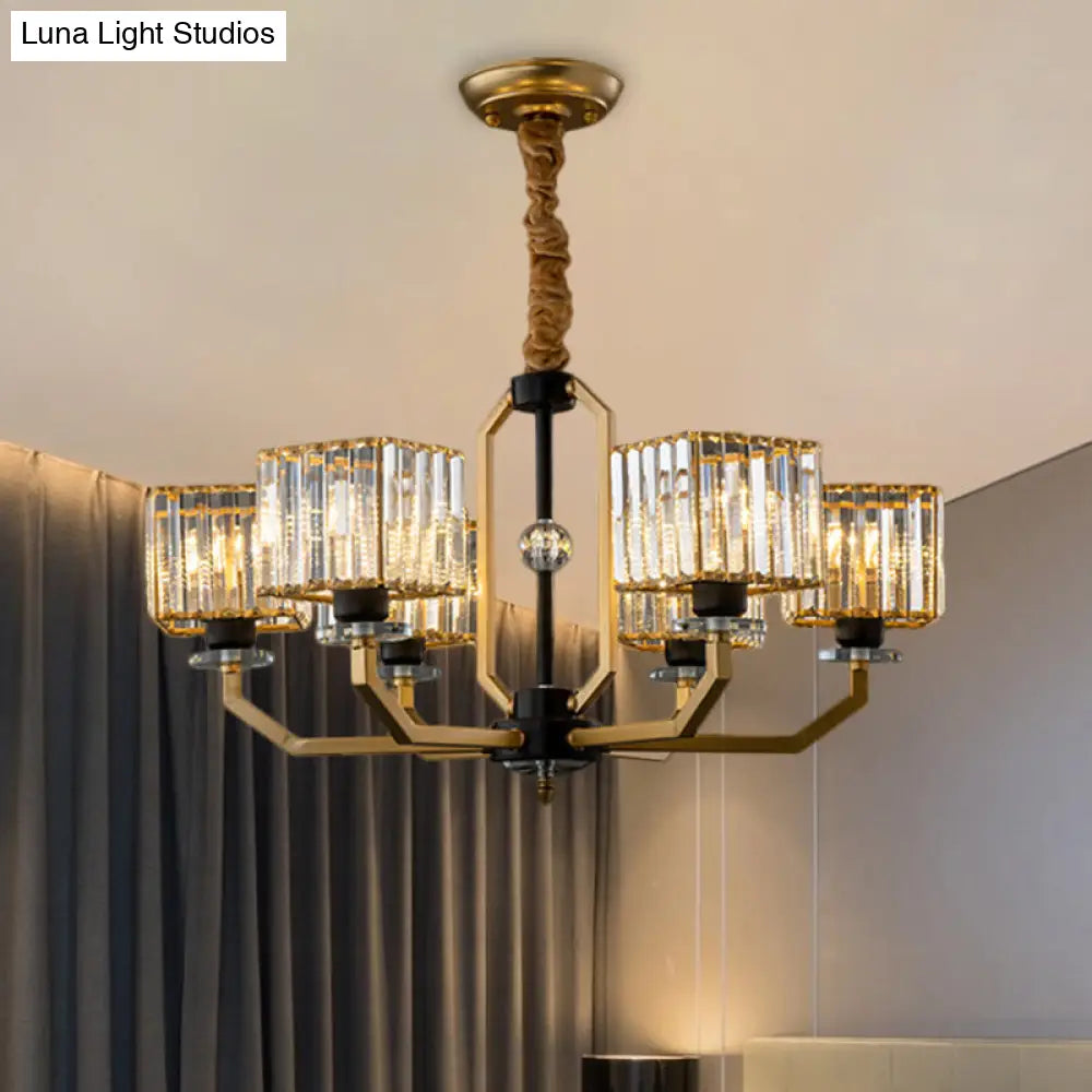 Brass Crystal Prisms Cube Chandelier - Minimalist Ceiling Pendant Light With Curved Arm 3/6/8-Bulb