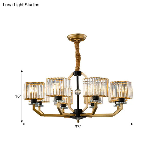 Brass Crystal Prisms Cube Chandelier - Minimalist Ceiling Pendant Light With Curved Arm 3/6/8-Bulb