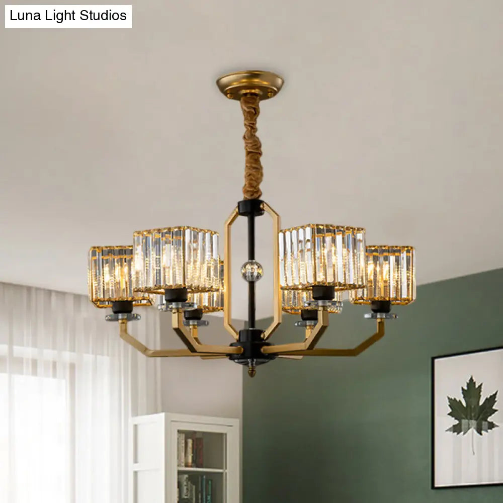 Brass Crystal Prisms Cube Chandelier - Minimalist Ceiling Pendant Light With Curved Arm 3/6/8-Bulb