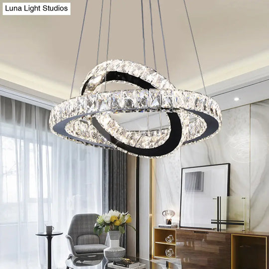 Minimalist Crystal Ring Chandelier Led Light Kit Black Ideal For Bedroom 19-23.5 Inches Wide