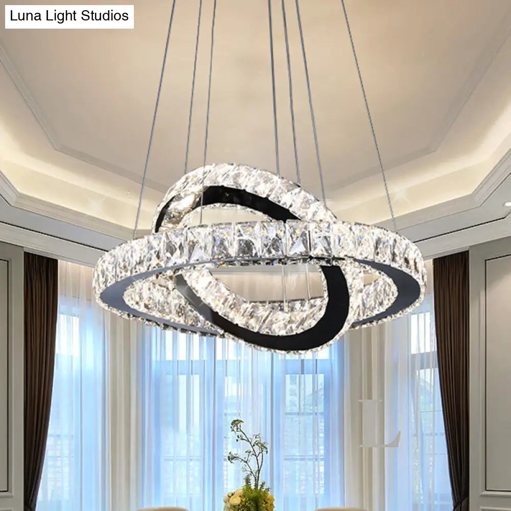 Minimalist Crystal Ring Chandelier Led Hanging Lamp Kit 19/19.5/23.5 Wide For Bedroom Black / 19