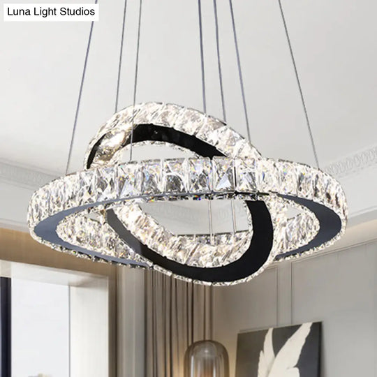 Minimalist Crystal Ring Chandelier Led Light Kit Black Ideal For Bedroom 19-23.5 Inches Wide