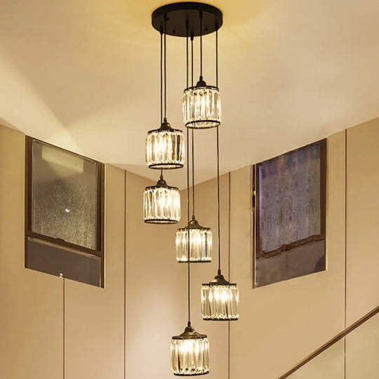 Minimalist Crystal Suspension Light For Staircase - Cylindrical Multiceiling Lamp 6 / Black