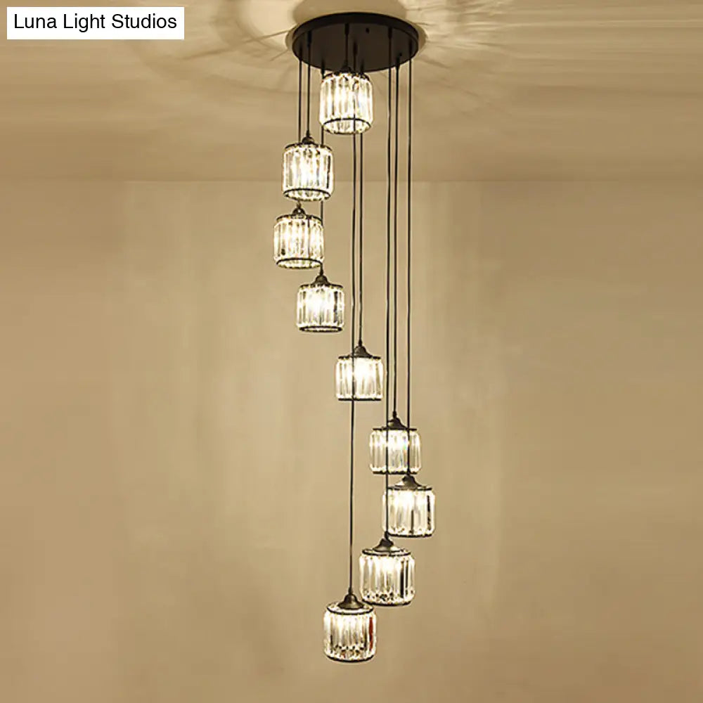 Minimalist Crystal Suspension Light For Staircase - Cylindrical Multiceiling Lamp