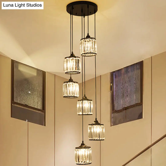 Minimalist Crystal Staircase Suspension Light Fixture - Cylindrical Multi Ceiling Lamp 6 / Black