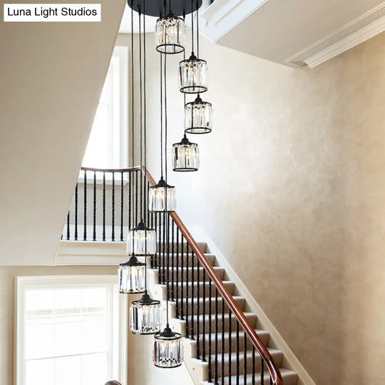 Minimalist Crystal Staircase Suspension Light Fixture - Cylindrical Multi Ceiling Lamp 9 / Black