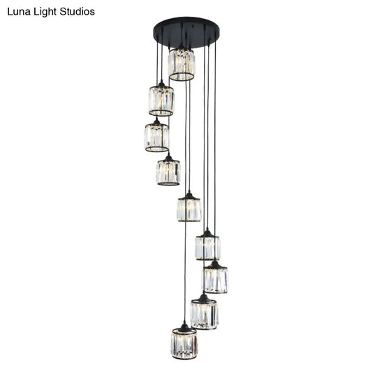 Minimalist Crystal Suspension Light For Staircase - Cylindrical Multiceiling Lamp