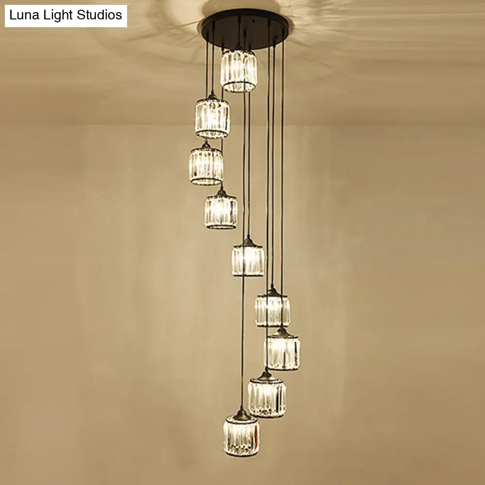 Minimalist Crystal Staircase Suspension Light Fixture - Cylindrical Multi Ceiling Lamp