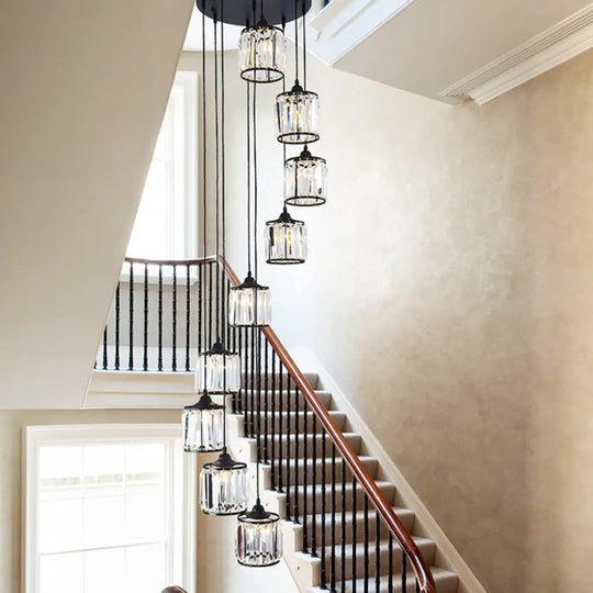 Minimalist Crystal Suspension Light For Staircase - Cylindrical Multiceiling Lamp 9 / Black