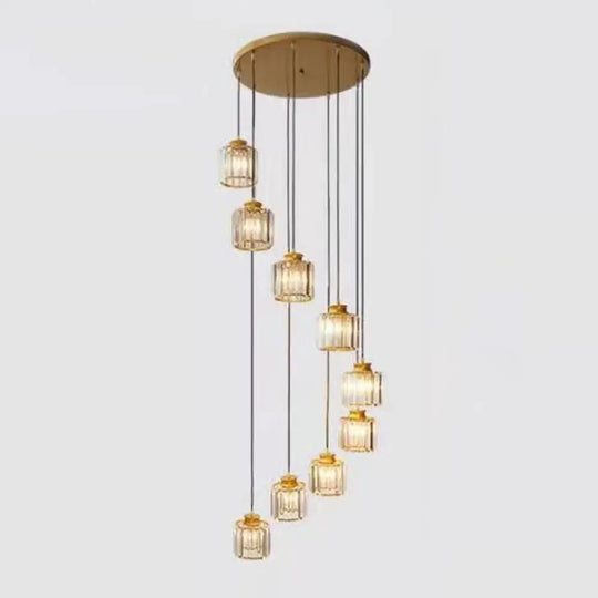 Minimalist Crystal Suspension Light For Staircase - Cylindrical Multiceiling Lamp 9 / Gold