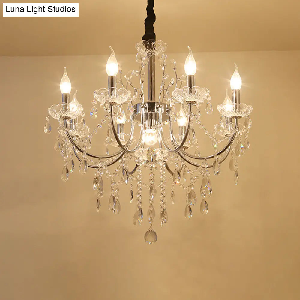 Minimalist Crystal Swag Chandelier: 9-Bulb Pendant Lamp In Chrome - Ideal For Living Room Lighting