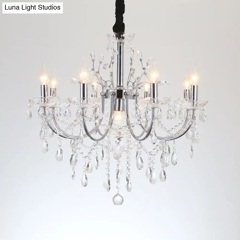 Minimalist Crystal Swag Chandelier: 9-Bulb Pendant Lamp In Chrome - Ideal For Living Room Lighting