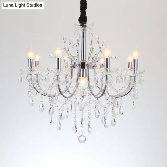 Minimalist Crystal Swag Chandelier: 9-Bulb Pendant Lamp In Chrome - Ideal For Living Room Lighting