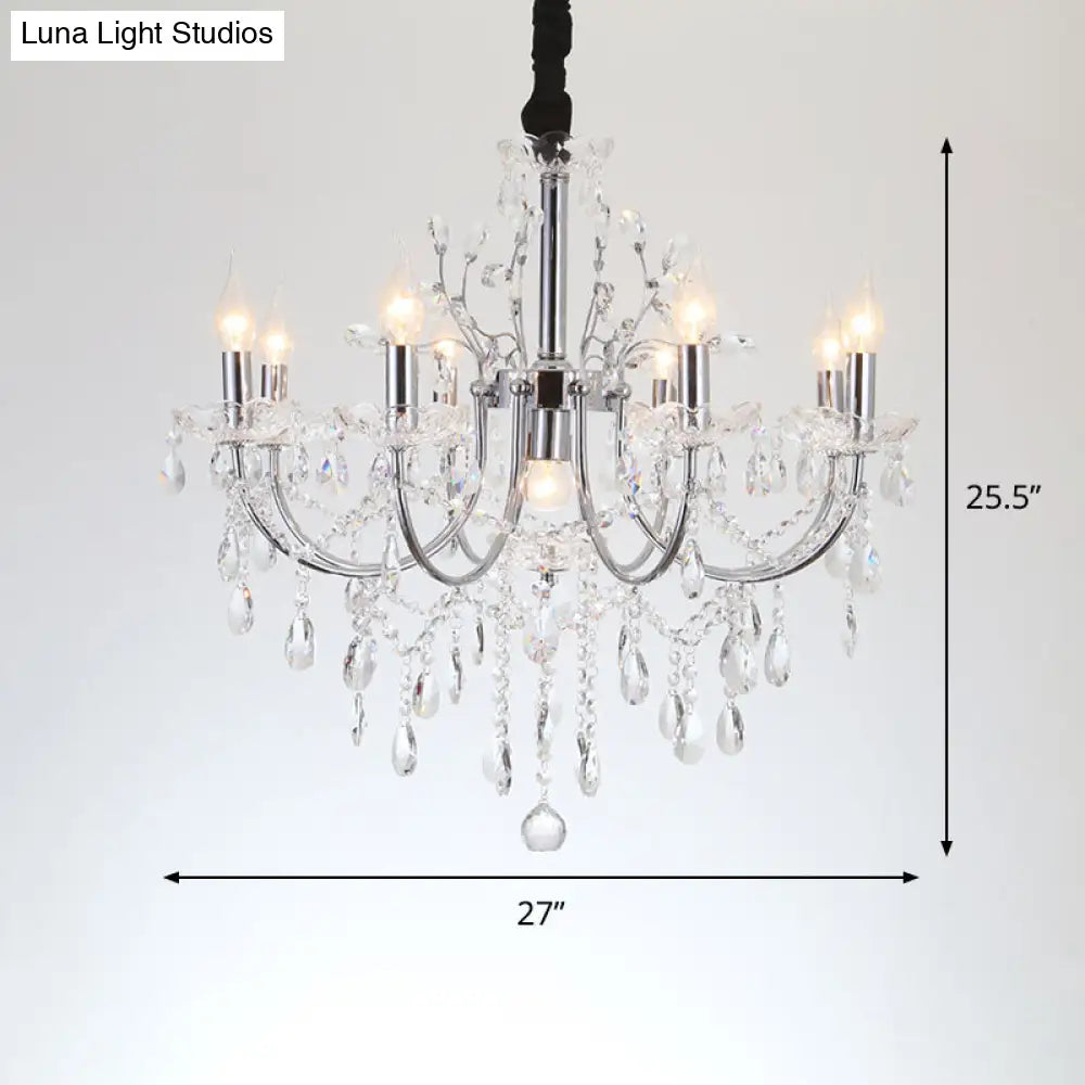 Minimalist Crystal Swag Chandelier: 9-Bulb Pendant Lamp In Chrome - Ideal For Living Room Lighting