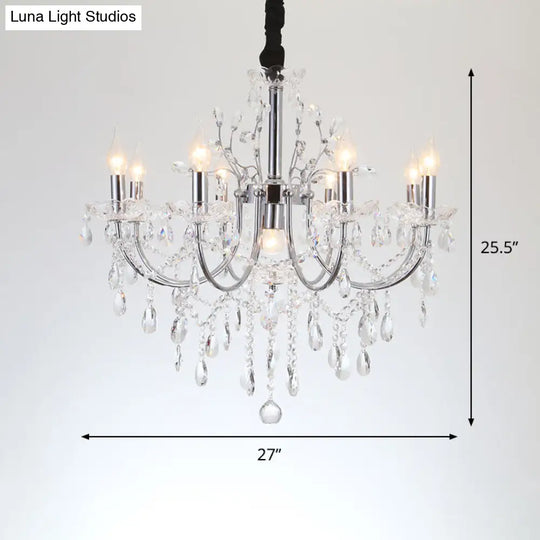 Minimalist Crystal Swag Chandelier: 9-Bulb Pendant Lamp In Chrome - Ideal For Living Room Lighting