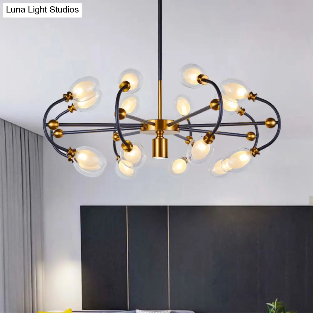 Minimalist Curvy Arm Black-Gold Pendant Chandelier - Oval Down Lighting With Clear Glass