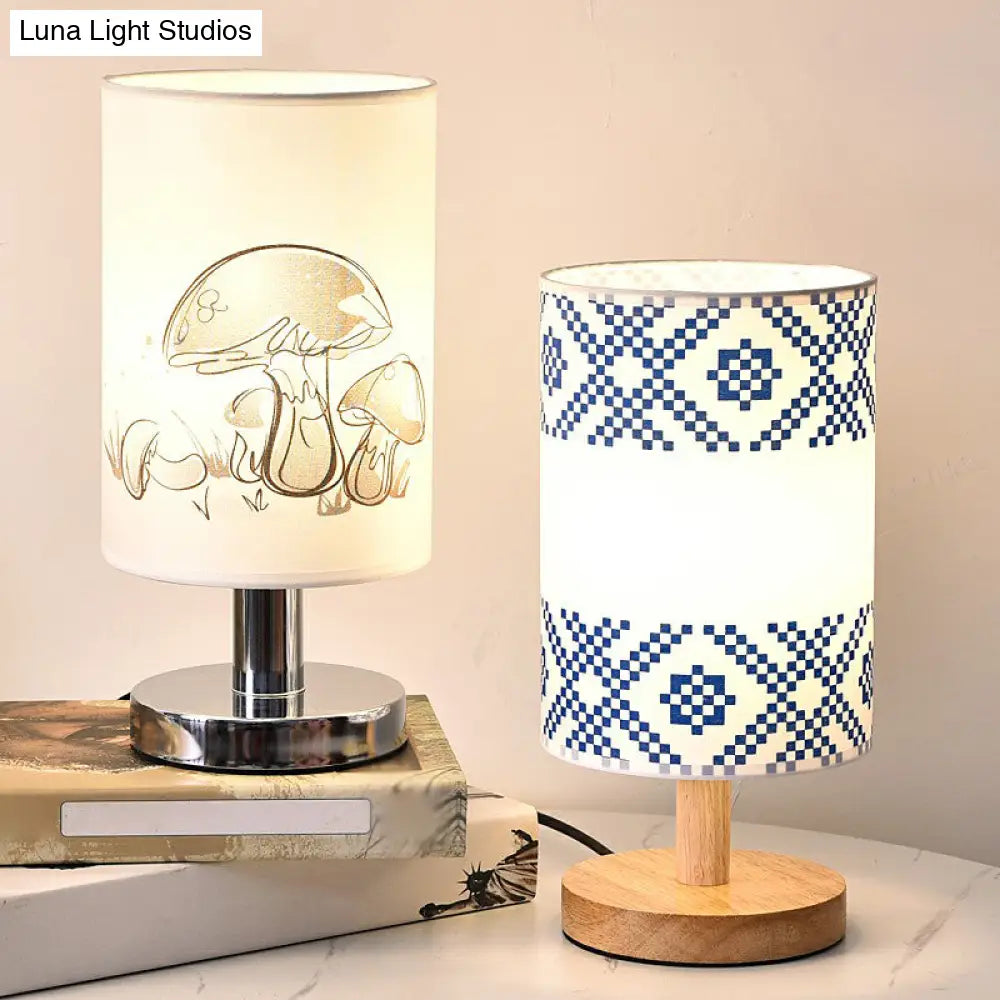 Minimalist Cylinder Bedside Table Lamp - White Fabric 1-Light Nightstand Light