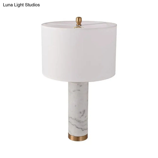 Minimalist Cylinder Table Lamp: 1-Light Fabric Night Light With Marble Pillar - Black/White