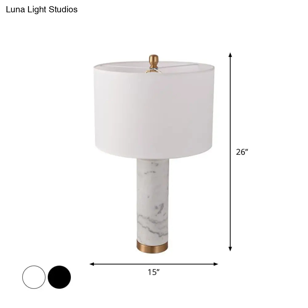 Minimalist Cylinder Table Lamp: 1-Light Fabric Night Light With Marble Pillar - Black/White