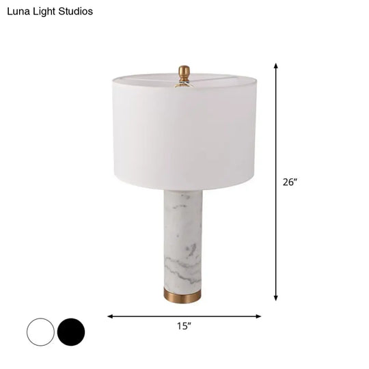 Minimalist Cylinder Table Lamp: 1-Light Fabric Night Light With Marble Pillar - Black/White