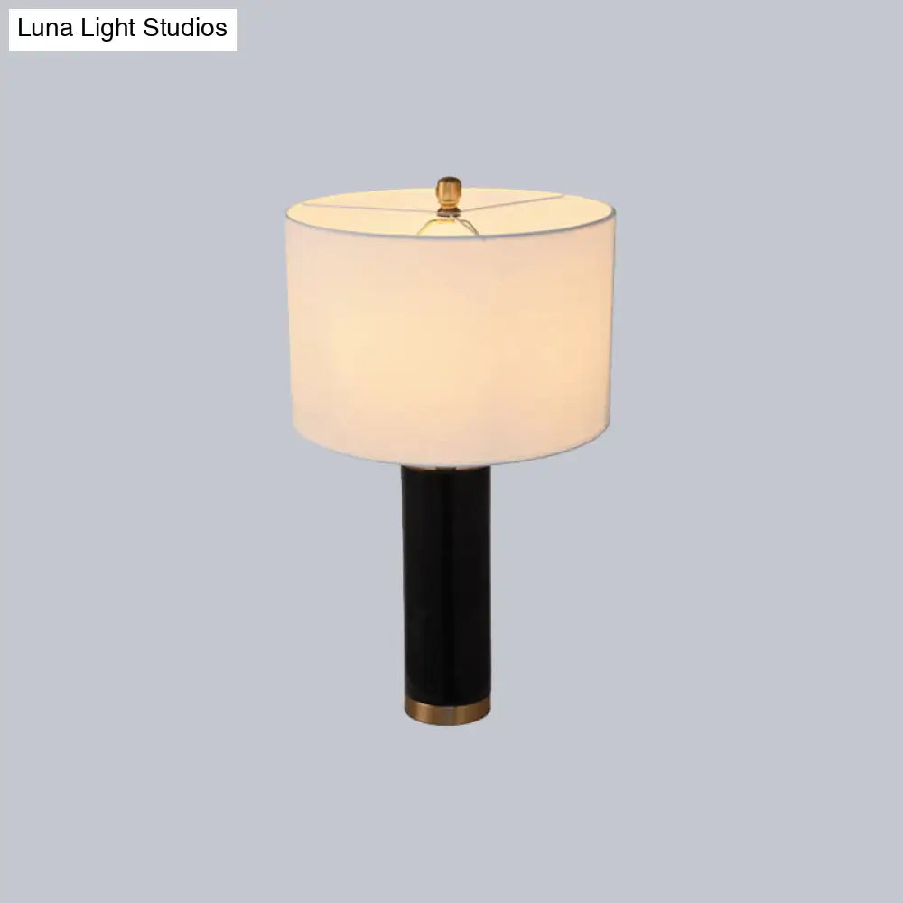 Minimalist Cylinder Table Lamp: 1-Light Fabric Night Light With Marble Pillar - Black/White