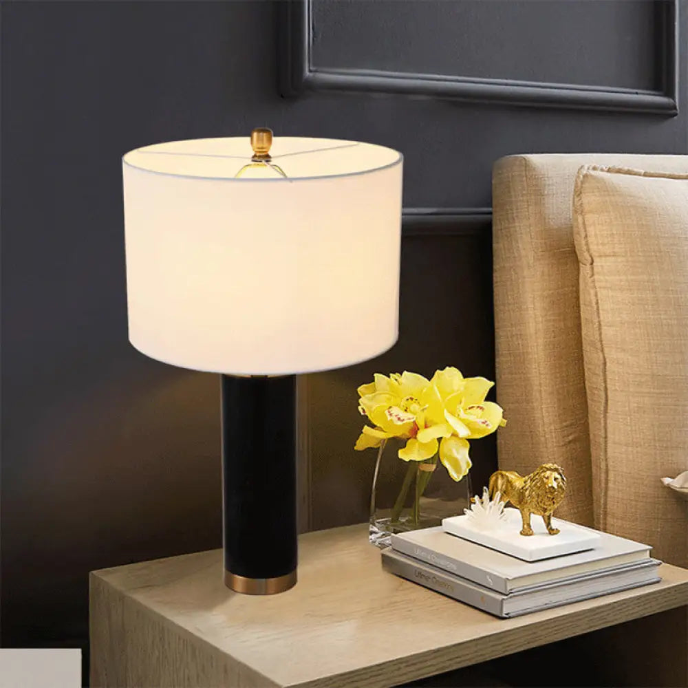 Minimalist Cylinder Table Lamp: 1-Light Fabric Night Light With Marble Pillar - Black/White Black