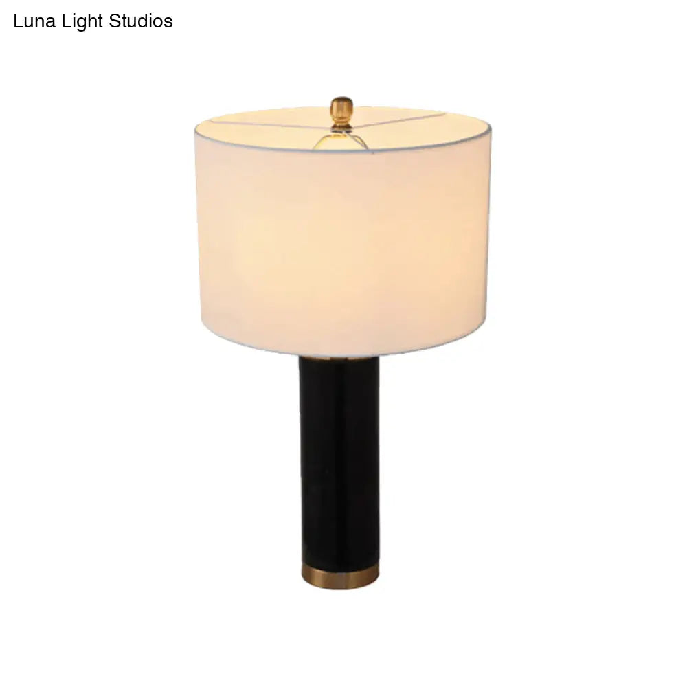 Minimalist Cylinder Table Lamp: 1-Light Fabric Night Light With Marble Pillar - Black/White